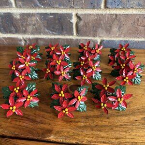 Vintage Christmas Poinsettia Metal Napkin Rings Set of 11 Made In Hong Kong